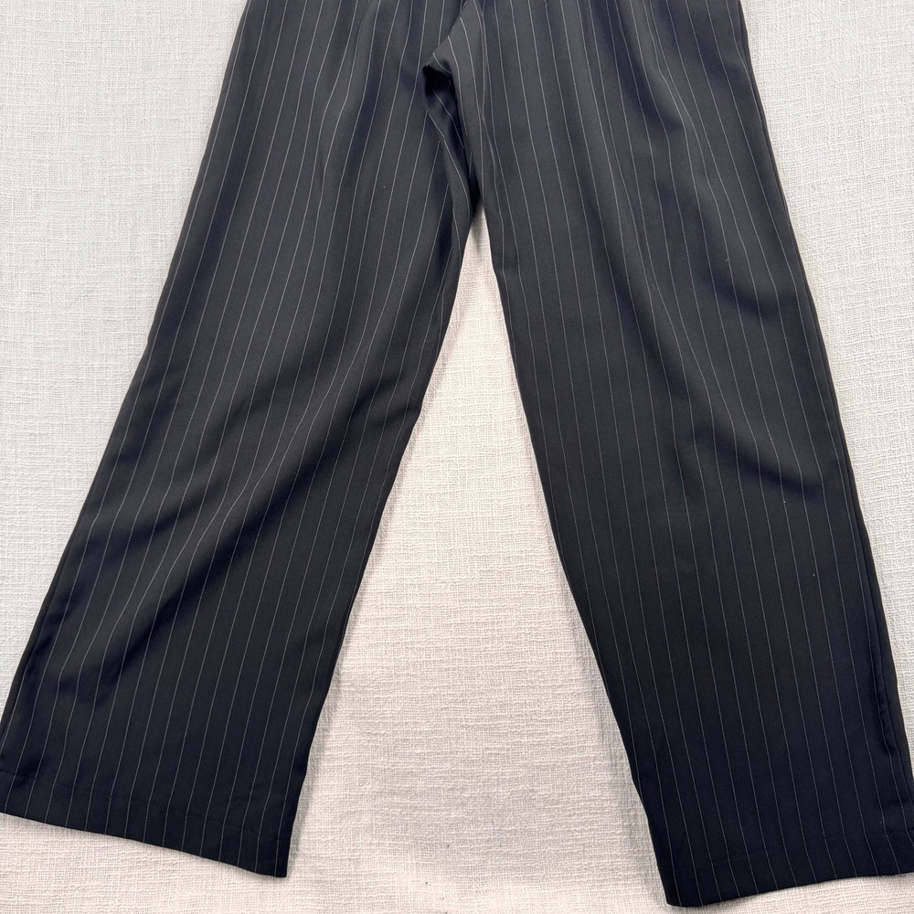 Black Pinstripe Strapless Wide Leg Jumpsuit with Belted Waist Smocked Back Sze S - Picture 10 of 11